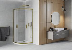 Mexen Rio, štvrťkruhový sprchovací kút s posuvnými dverami 80 (dvere) x 80 (dvere) x 190 cm, 5mm sklo námraza, zlatý profil + biela sprchová vanička SLIM, 863-080-080-50-30-4110G
