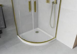 Mexen Rio, štvrťkruhový sprchovací kút s posuvnými dverami 80 (dvere) x 80 (dvere) x 190 cm, 5mm sklo námraza, zlatý profil + biela sprchová vanička SLIM, 863-080-080-50-30-4110G