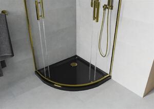 Mexen Rio, štvrťkruhový sprchovací kút s posuvnými dverami 80 (dvere) x 80 (dvere) x 190 cm, 5mm číre sklo, zlatý profil + čierna sprchová vanička SLIM, 863-080-080-50-00-4170G