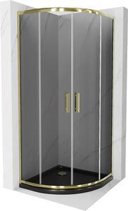 Mexen Rio, štvrťkruhový sprchovací kút s posuvnými dverami 80 (dvere) x 80 (dvere) x 190 cm, 5mm šedé sklo, zlatý profil + čierna sprchová vanička…