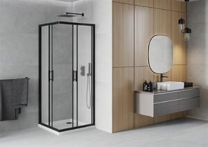 Mexen Rio, sprchový kút s posuvnými dverami 90x90x190 cm, 5mm sklo námraza, čierny profil + biela sprchová vanička SLIM, 860-090-090-70-30-4010B