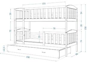 Detská poschodová posteľ KUBA 3 + matrac + rošt ZADARMO, masiv, 184x80 cm, olcha