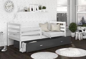 Detská posteľ RACEK P1 COLOR s vysokou zábranou + matrac + rošt ZADARMO, 184x80 cm, korpus biely/zásuvka šedá