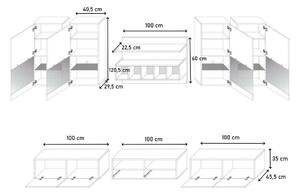 Obývacia stena ALFA II, korpus: biela/horní a dolní dvierka skriniek: sivá lesk