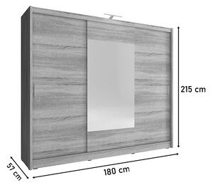 Posuvná šatníková skriňa CARLA VIII so zrkadlom, 180x215x57, čierna mat