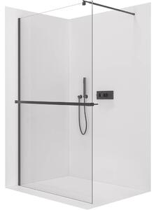 CERANO - Sprchová zástena Walk-in Onyx Round Ľ/P - 8 mm - okrúhla vzpera + polička/držiak na uteráky - čierna matná, transparentné sklo - 40x200 cm