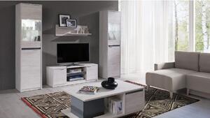 Obývacia stena KOLOREDO 2 + LED - TV stolík RTV2D + 2x vitrína s LED + konf. stolík + polička, dub biely/biala lesk
