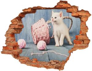 Nálepka 3D diera na stenu Biela mačka a klbka