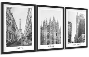Sada plagátov Paris, Milan, New York - 3 dielna Farba rámu: Bez rámu, Veľkosť: 99 x 45 cm