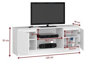 TV stolík RTV K120 2D1P, 120x55x40, biela/metalik lesk