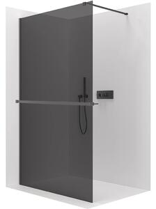 CERANO - Sprchová zástena Walk-in Onyx Cube Ľ/P - 8 mm + polička/držiak na uteráky - hranatá vzpera - čierna matná, grafitové sklo - 110x200 cm