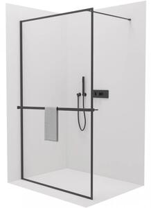 CERANO - Sprchová zástena Walk-in Moreli Ľ/P + polička/držiak na uteráky - čierna matná, transparentné sklo - 140x200 cm