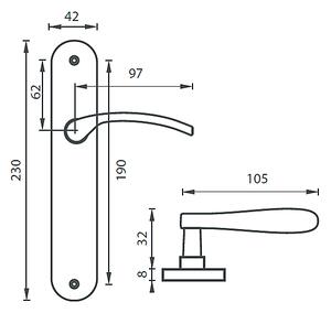 Dverové kovanie MP KE - LAURA - SO (STRIEBORNÁ), kľučka-kľučka, WC kľúč, MP Strieborná, 72 mm