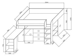 Detská poschodová posteľ LEON 1, 204,5x125x106,5, biela/tyrkysová lesk, pravá