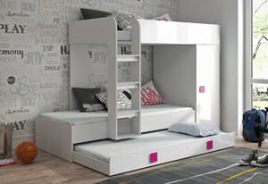 Detská poschodová posteľ TOLEDO 2, 254,5x165x94,5, biela/biela lesk/ružové úchyty, ľavá