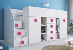 Detská poschodová posteľ TOLEDO 3, 248,5x123x93, biela/biela lesk/ružové úchyty