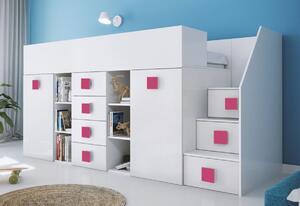 Detská poschodová posteľ LEON 3, 248,5x123x93, biela/biela lesk/ružové úchyty, pravá