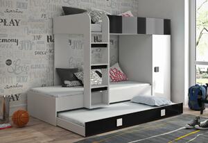 Detská poschodová posteľ LEON 2, 254,5x165x94,5, biela/čierna lesk, ľavá