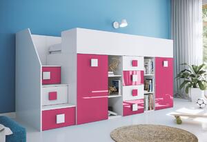 Detská poschodová posteľ TOLEDO 3, 248,5x123x93, biela/ružová lesk, ľavá