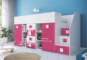 Detská poschodová posteľ TOLEDO 3, 248,5x123x93, biela/ružová lesk, pravá