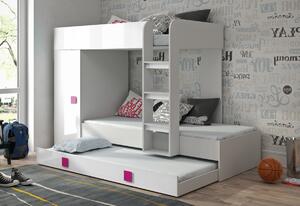 Detská poschodová posteľ TOLEDO 2, 254,5x165x94,5, biela/biela lesk/ružové úchyty, pravá