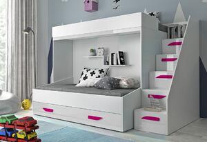 Detská poschodová posteľ AKTION 16, 247x165x135, biela / biela lesk / ružové úchytky