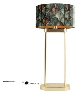 Mosadzná stojaca lampa s oválnym tienidlom s motívom listov a zlatým interiérom 35 cm - Thijmen