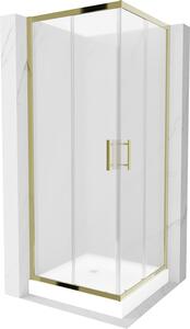 Mexen Rio, štvorcový sprchovací kút s posuvnými dverami 80 (dvere) x 80 (dvere) x 190 cm, 5mm sklo námraza, zlatý profil + biela sprchová vanička RIO, 860-080-080-50-30-4510