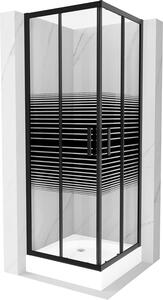 Mexen Rio, štvorcový sprchovací kút s posuvnými dverami 70 (dvere) x 70 (dvere) x 190 cm, 5mm číre sklo s pásikmi, čierny profil + biela sprchová vanička RIO, 860-070-070-70-20-4510