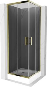 Mexen Rio, štvorcový sprchovací kút s posuvnými dverami 70 (dvere) x 70 (dvere) x 190 cm, 5mm šedé sklo, zlatý profil + biela sprchová vanička RIO,…