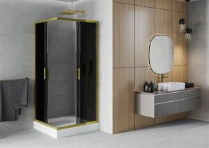 Mexen Rio, štvorcový sprchovací kút s posuvnými dverami 90 (dvere) x 90 (dvere) x 190 cm, 5mm šedé sklo, zlatý profil + čierna sprchová vanička RIO, 860-090-090-50-40-4510