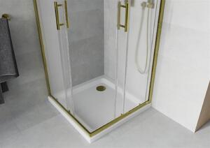 Mexen Rio, štvorcový sprchovací kút s posuvnými dverami 90 (dvere) x 90 (dvere) x 190 cm, 5mm sklo námraza, zlatý profil + biela sprchová vanička SLIM, 860-090-090-50-30-4010G