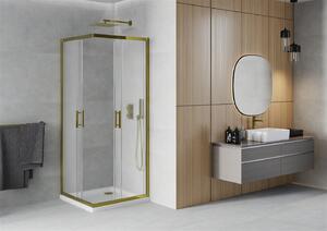 Mexen Rio, štvorcový sprchovací kút s posuvnými dverami 80 (dvere) x 80 (dvere) x 190 cm, 5mm sklo námraza, zlatý profil + biela sprchová vanička SLIM, 860-080-080-50-30-4010G