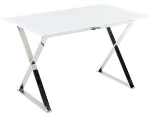 Jedálenský stôl biela doska z tvrdeného skla 120 x 70 cm strieborné kovové nohy lesklý povrch obdĺžnikový glamour