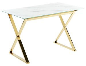 Jedálenský stôl biely mramorový efekt doska z tvrdeného skla 120 x 70 cm zlaté kovové nohy lesklý povrch obdĺžnikový glamour