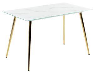 Jedálenský stôl biely mramorový efekt doska z tvrdeného skla 120 x 70 cm zlaté kovové nohy lesklý povrch obdĺžnikový glamour