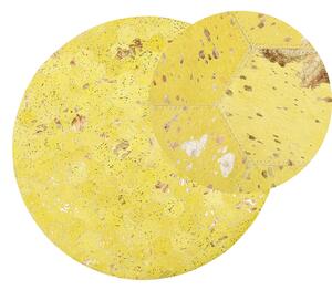 Koberček zo žltej kože, 140 cm, moderný patchworkový voštinový vzor, ​​ručne tkaný okrúhly koberec