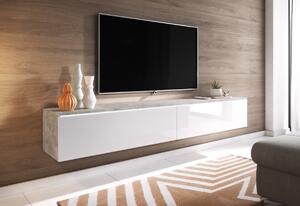 TV stolík LOWBOARD D 180, 180x30x32, beton/biela lesk + LED