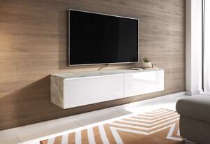 TV stolík LOWBOARD D 140, 140x30x32, beton/biela lesk + LED