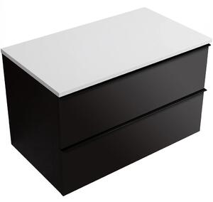 CERANO - Kúpeľňová skrinka Velora - čierna matná, úchytka čierna + doska z lit. mramoru Elanys - 12 mm - biela matná - 80x54,2x46,5 cm