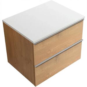 CERANO - Kúpeľňová skrinka Velora - dub medový, úchytka chrómová + doska z lit. mramoru Elanys - 12 mm - biela matná - 70x54,2x46,5 cm