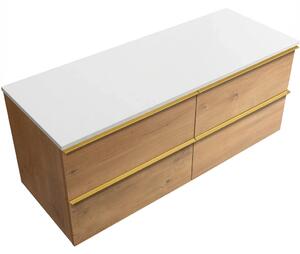 CERANO - Kúpeľňová skrinka Velora - dub medový, úchytka zlatá + doska z lit. mramoru Elanys - 12 mm - biela matná - 120x54,2x46,5 cm
