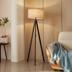 Stojacia lampa Lindby Herry, čierna, drevo, trojnožka, 153 cm