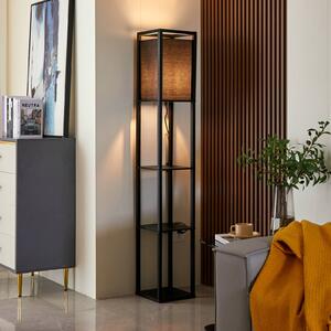 Stojacia lampa Lindby Birta, polica, drevo, čierna, 159 cm
