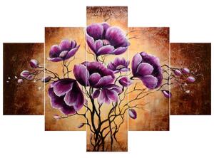 Ručne maľovaný obraz Rastúce fialové kvety - 5 dielny Rozmery: 100 x 70 cm