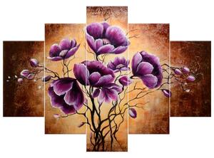 Ručne maľovaný obraz Rastúce fialové kvety - 5 dielny Rozmery: 100 x 70 cm