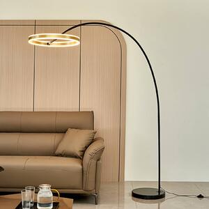 Lucande LED oblúková lampa Yekta, mosadzná farba, 183 cm, stmievateľná, Čierna, Obývacia izba / jedáleň, kov, Dizajn, Oblúková stojaca lampa