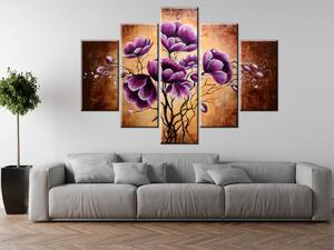 Ručne maľovaný obraz Rastúce fialové kvety - 5 dielny Rozmery: 150 x 105 cm
