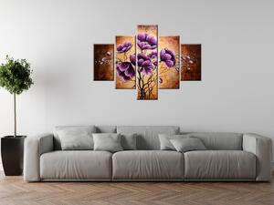Ručne maľovaný obraz Rastúce fialové kvety - 5 dielny Rozmery: 150 x 105 cm