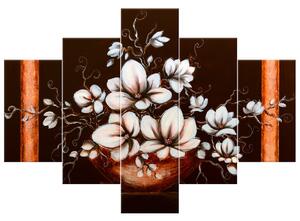 Ručne maľovaný obraz Magnólie vo váze - 5 dielny Rozmery: 150 x 70 cm